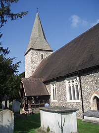 Church steeple and church-entrance and SS Peter and Andrew's Church, Old Windsor.jpg