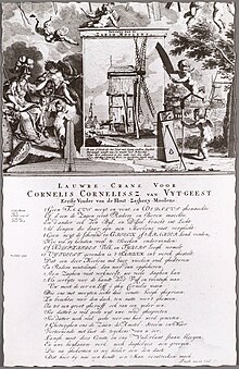 18th-century allegorical print commemorating C.C. van Uitgeest's invention of the saw mill. Cornelis van Uitgeest - Het Juffertje zaagmolen.jpg