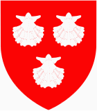 Illustration of the Earley coat of arms, Three white Escallops on a red field.