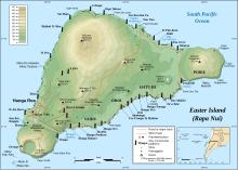 Easter Island map showing Terevaka, Poike, Rano Kau, Motu Nui, Orongo, and Mataveri; major ahus are marked with موائی