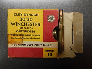 Eley-Kynoch consumer packaging for .30/30 centrefire rifle cartridges (front)