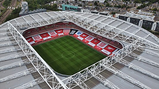 Aerial view of the Emirates Stadium after the 2020 Premier League restart