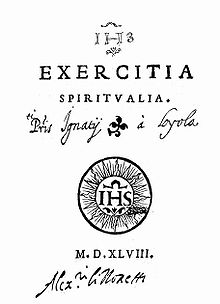 Title page of the first edition of the Spiritual Exercises by Ignatius of Loyola, published in 1548 Exercitia Spiritualia 1ed2.jpg