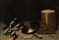 Stillleben mit Rüstungen, Schild, Hellebarde, Schwert, Lederjacke und Trommel, Gerrit Dou, um 1630, Öl auf Holz, 31,7 × 46,5 cm, Privatbesitz
