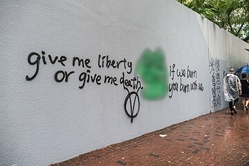 Graffiti trên tường với Ếch Pepe, một biểu tượng của cuộc biểu tình.