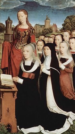 Female side of Memling's Triptych of Wilhelm Moreel, the mother, Barbara Van Hertsvelde is supported by her patron saint, with her eleven daughters behind her. The central panel is here. Hans Memling 071.jpg