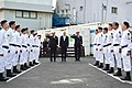 מימין: מפקד שייטת 3 מאיר עזורי, שר הביטחון בני גנץ ומפקד חיל הים אליהו שרביט בטקס הגעת הספינה לישראל, יוני 2021