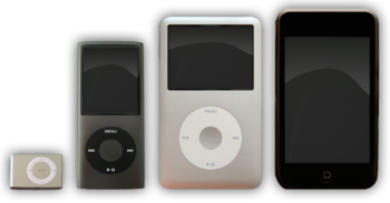 Actual linea de iPods consiste en (de izq. a der.): iPod shuffle, iPod nano, iPod classic y iPod touch