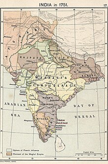 The remnants of the empire in 1751 Joppen map-India in 1751 published 1907 by Longmans.jpg