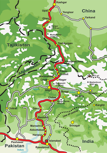 Karakoram Highway, connecting Pakistan to China, is one of the highest paved roads in the world. KKH.png