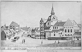Københavns Slot lå i årene 1370-1731 der hvor Christiansborg ligger i dag; kobberstik fra slutningen af 1600-tallet, med Børsen i baggrunden.