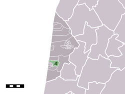 The town centre (darkgreen) and the statistical district (lightgreen) of Egmond aan den Hoef in the municipality of Bergen (NH.)