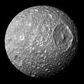 Image 23 Mimas (moon) Photo: NASA/JPL/SSI Saturn's moon Mimas, as imaged by the Cassini spacecraft. It was discovered on 17 September 1789 by English astronomer William Herschel, and was named after Mimas, a son of Gaia in Greek mythology, by Herschel's son John. The large Herschel Crater is the dominating feature of the moon. With a diameter of 396 km (246 mi), it is the smallest astronomical body that is known to be rounded due to self-gravitation. More selected pictures