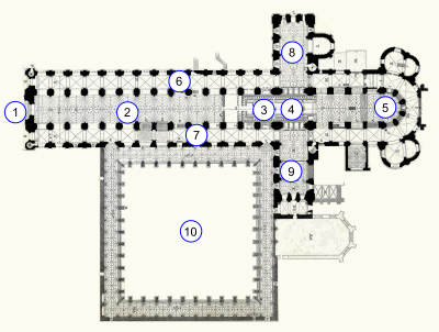 Plan of Norwich Cathedral:
.mw-parser-output figure[typeof="mw:File/Thumb"] .image-key>ol{margin-left:1.3em;margin-top:0}.mw-parser-output figure[typeof="mw:File/Thumb"] .image-key>ul{margin-top:0}.mw-parser-output figure[typeof="mw:File/Thumb"] .image-key li{page-break-inside:avoid;break-inside:avoid-column}@media(min-width:300px){.mw-parser-output figure[typeof="mw:File/Thumb"] .image-key,.mw-parser-output figure[typeof="mw:File/Thumb"] .image-key-wide{column-count:2}.mw-parser-output figure[typeof="mw:File/Thumb"] .image-key-narrow{column-count:1}}@media(min-width:450px){.mw-parser-output figure[typeof="mw:File/Thumb"] .image-key-wide{column-count:3}}
West front
Nave
Choir
Central tower
Chancel
North Aisle
South Aisle
North Transept
South Transept
Cloister NC1.svg