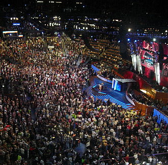 New York is announced as part of the roll call of the states during the third day of the 2008 Democratic National Convention in Denver, Colorado. New Mexico had yielded to Illinois, which in turn yielded to New York so that Senator Hillary Clinton could make a motion promoting party unity. New York DNC 2008.jpg