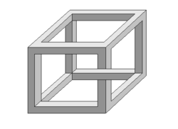 エッシャー的透視法で描かれた立方体。「ネッカーの立方体」を応用している。]]
