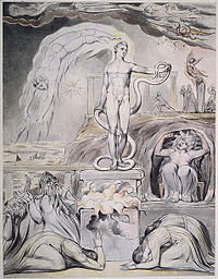 William Blake, The Overthrow of Apollo and the Pagan Gods (1809), illustration for John Milton's On the Morning of Christ's Nativity Onthemorningthomas4.jpg