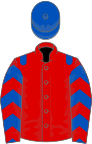 Red, royal blue epaulets, chevrons on sleeves, royal blue cap