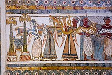 Figures from the Agia Triada Sarcophagus. Painting on limestone sarcophagus of religious rituals from Hagia Triada - Heraklion AM - 02.jpg