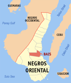 Mapa ng Negros Oriental na nagpapakita ng lokasyon ng Bais.