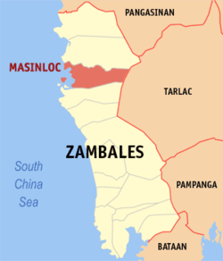 Mapa ng Zambales na nagpapakita sa lokasyon ng Masinloc.