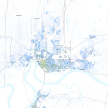 Map of racial distribution in Evansville, 2020 U.S. census. Each dot is one person:
.mw-parser-output .legend{page-break-inside:avoid;break-inside:avoid-column}.mw-parser-output .legend-color{display:inline-block;min-width:1.25em;height:1.25em;line-height:1.25;margin:1px 0;text-align:center;border:1px solid black;background-color:transparent;color:black}.mw-parser-output .legend-text{}
 White
 Black
 Asian
 Hispanic
 Multiracial
 Native American/Other Race and ethnicity 2020 Evansville, IN.png