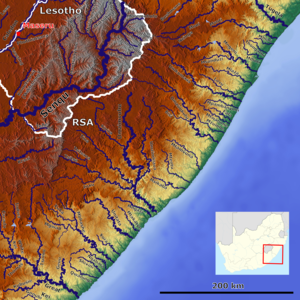 Os rios no sudeste da África do Sul com o Mbashe (embaixo à esquerda)