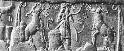 Cylinder seal impression from Uruk, showing a "king-priest" in brimmed hat and long coat feeding the herd of goddess Inanna, symbolized by two rams, framed by reed bundles as on the Uruk Vase. Late Uruk period, 3300-3000 BC. Pergamon Museum/ Vorderasiatisches Museum. A similar king-priest also appears standing on a ship. Rolzegel.JPG