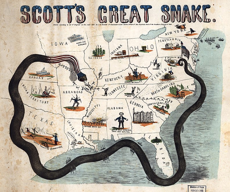 Scott's great snake. Cartoon map illustrating Gen. Winfield Scott's plan to crush the Confederacy, economically. It is sometimes called the "Anaconda plan."