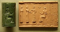 Sumerian cylinder seal and impression, dated c. 2100 BC, of Ḫašḫamer, ensi (governor) of Iškun-Sin c. 2100 BC. The seated figure is probably king Ur-Nammu, bestowing the governorship on Ḫašḫamer, who is led before him by Lamma (protective goddess).[312]