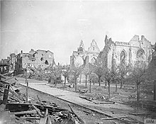 Ruins of the church of St. Jean in Peronne, blown up by the Germans in March 1917 The German Withdrawal To the Hindenburg Line, March-april 1917 Q5216.jpg