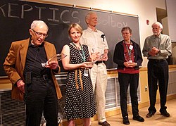 Each of the faculty of 2012's Skeptic's Toolbox is presented by long-time attendees Carl and Ben Baumgartner, with a Honorary In The Trenches Award. Ray Hyman, Lindsay Beyerstein, James Alcock, Harriet Hall and Loren Pankratz Toolbox Faculty Awards.JPG