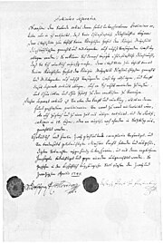 Mírová smlouva z Füssenu, podpisy: vlevo Rudolf Colloredo, vpravo Joseph kníže zu Fürstenberg
