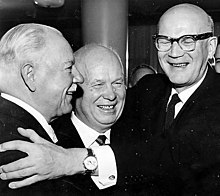 From left to right: Soviet head of state Kliment Voroshilov, Soviet premier Nikita Khrushchev and Finnish president Urho Kekkonen at Moscow in 1960 Voroshilov, Khrushchev, Kekkonen.jpeg