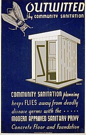 Historical community sanitation poster promoting sanitary outhouse designs (Illinois, US, 1940) WPA Outhouse.jpg
