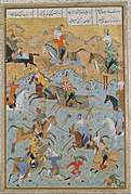 Bataille entre Alexandre et Darius III, Livre d'Alexandre, Khamsé de Nizami, XVIe siècle.