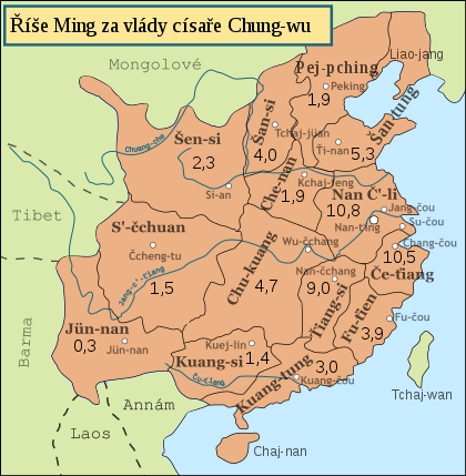 Mapa mingské Číny, vyznačeny hranice provincií jejich názvy a počet obyvatel