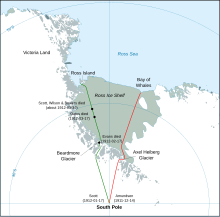 Map of a segment of Antarctica, identifying the polar marches of Scott and Amundsen. The track of Scott's journey shows the approximate locations of the deaths of the members of his polar party.