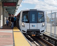 Bay Area Rapid Transit (BART) serves 50 stations across the region, excluding the North Bay counties. BART D car on display at Dublin-Pleasanton, October 2016.jpg