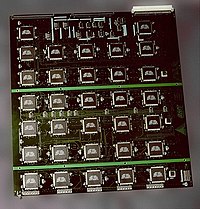 Modern cryptanalysts sometimes harness large numbers of integrated circuits. This board is part of the EFF DES cracker, which contained over 1800 custom chips and could brute force a DES key in a matter of days.