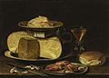 Similar composition with cheeses, butter, bread, wine, and the named knife, and also shrimp and crayfish