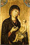 Duccio The-Madonna-and-Child-128.jpg (Maria und das Jesuskind zeigendes zwischen 1283 und 1284 entstandendes Gemälde von Duccio di Buoninsegna) y Lorenzo Monaco - mnac.jpg (Pintura de Lorenzo Monaco, ca. 1420 (Barcelona, MNAC))