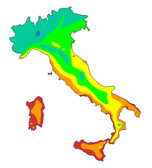 Map of the average annual sunshine duration in Italy (in hours) .mw-parser-output .legend{page-break-inside:avoid;break-inside:avoid-column}.mw-parser-output .legend-color{display:inline-block;min-width:1.25em;height:1.25em;line-height:1.25;margin:1px 0;text-align:center;border:1px solid black;background-color:transparent;color:black}.mw-parser-output .legend-text{}  < 1,799 h   1,800-1,999 h   2,000-2,199 h   2,200-2,399 h   2,400-2,599 h   > 2,600 h