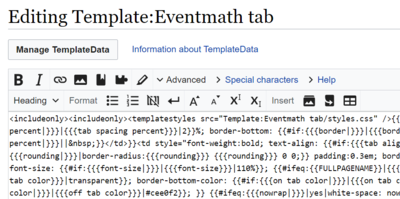 Source code in an editor with the title "Editing Template:Eventmath tab" on top and complicated looking code in the editor.