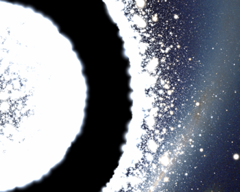 Artist's impression of thewormhole as seen by an observer crossing the event horizon of a Schwarzschild wormhole, which is similar to a Schwarzschild black hole but with the singularity replaced by an unstable path to a white hole in another universe. The observer originates from the right, and another universe becomes visible in the center of the wormhole shadow once the horizon is crossed. This new region is, however, unreachable in the case of a Schwarzschild wormhole, as the bridge between the black hole and white hole will always collapse before the observer has time to cross it. See White Holes and Wormholes for a more technical discussion and an animation of what an observer sees when falling into a Schwarzschild wormhole.