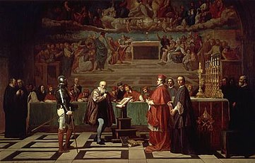 Maalauksessa Galileo Galilei on joutunut inkvisition eteen kuulusteltavaksi kirkon oppien vastaisista sanomisista.