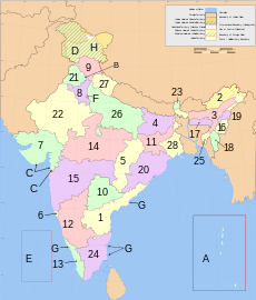 Map of India showing its subdivision into states and territories.