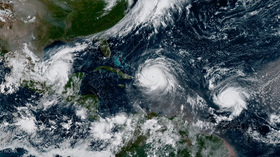 Three simultaneously active hurricanes on September 7. From left to right: Katia, Irma, and Jose, the first occurrence since 2010. Irma, Jose and Katia 2017-09-07.png