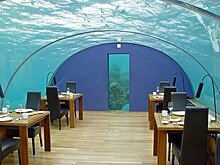 Ithaa, the first undersea restaurant at the Conrad Maldives Rangali Island resort Ithaa inside.JPG
