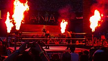 Kane performing his signature fire pyro at WrestleMania XXVIII in April 2012. Kane at Wrestlemania XXVIII (7206018352).jpg